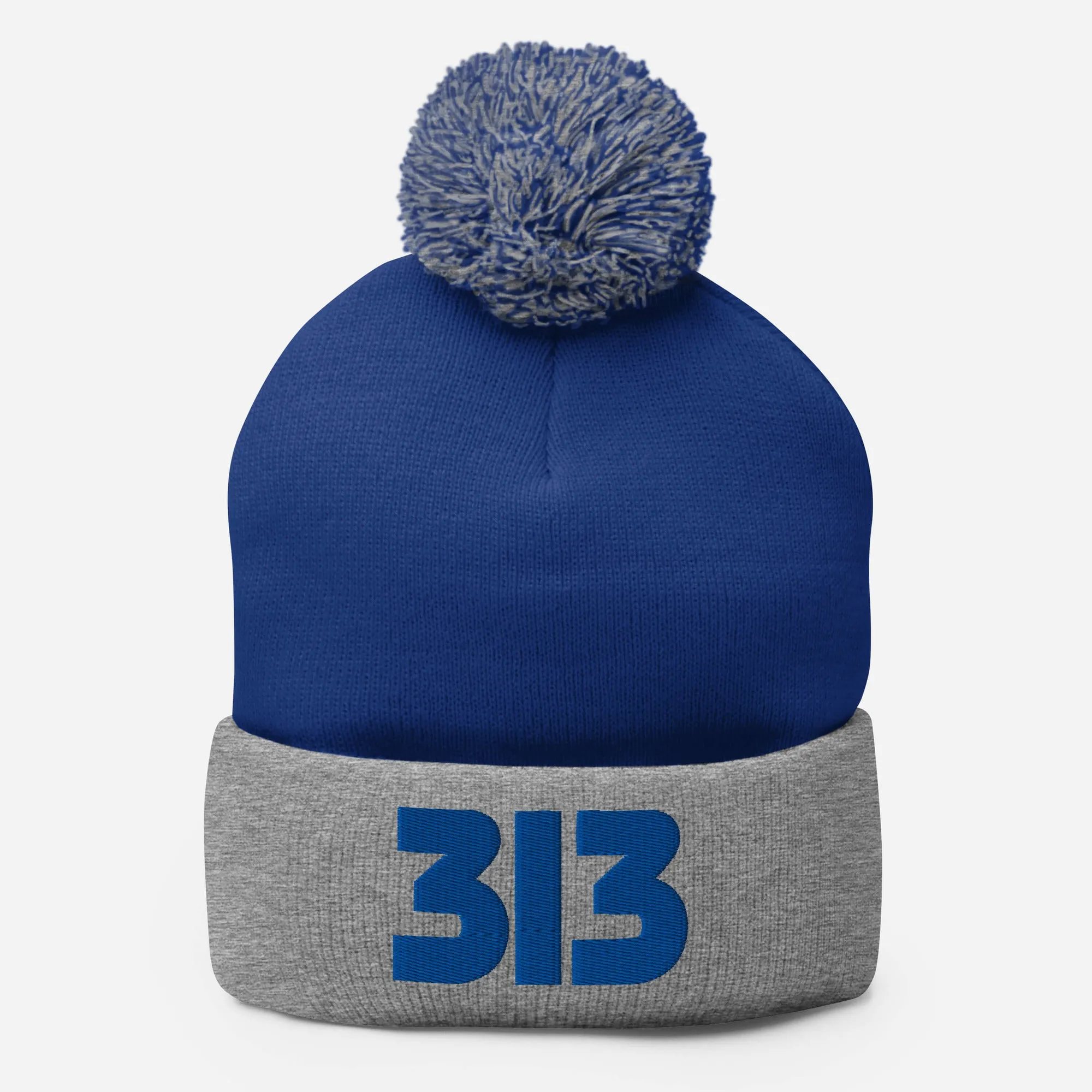313 Embroidered Pom-Pom Beanie - Blue / Gray