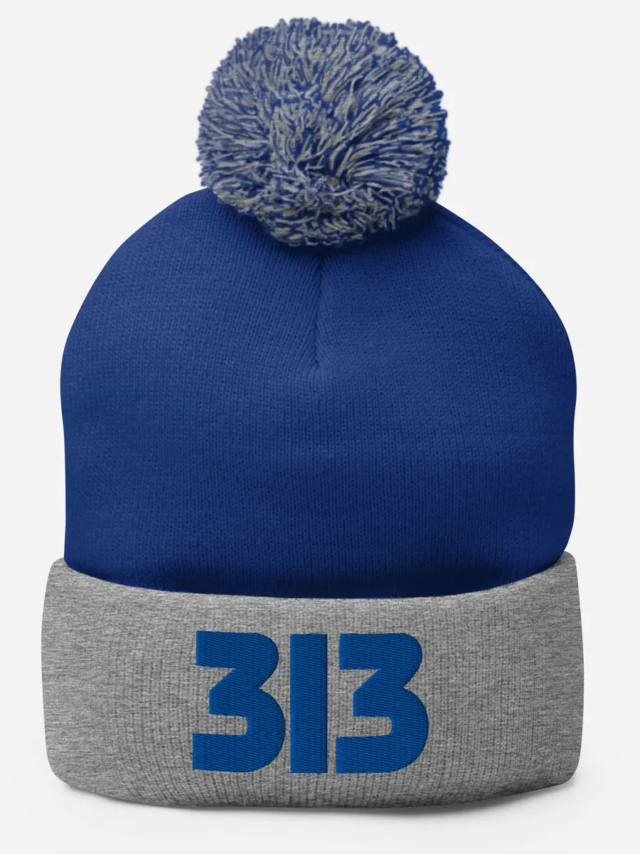313 Embroidered Pom-Pom Beanie - Blue / Gray