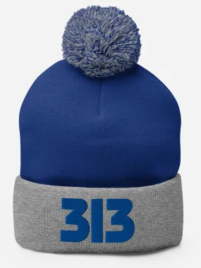 313 Embroidered Pom-Pom Beanie - Blue / Gray
