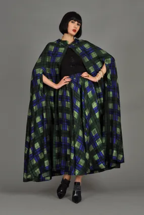 Adolfo 1970s Plaid Silk Skirt   Cape Ensemble
