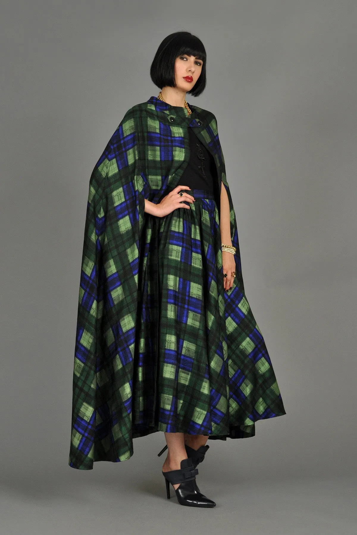 Adolfo 1970s Plaid Silk Skirt   Cape Ensemble