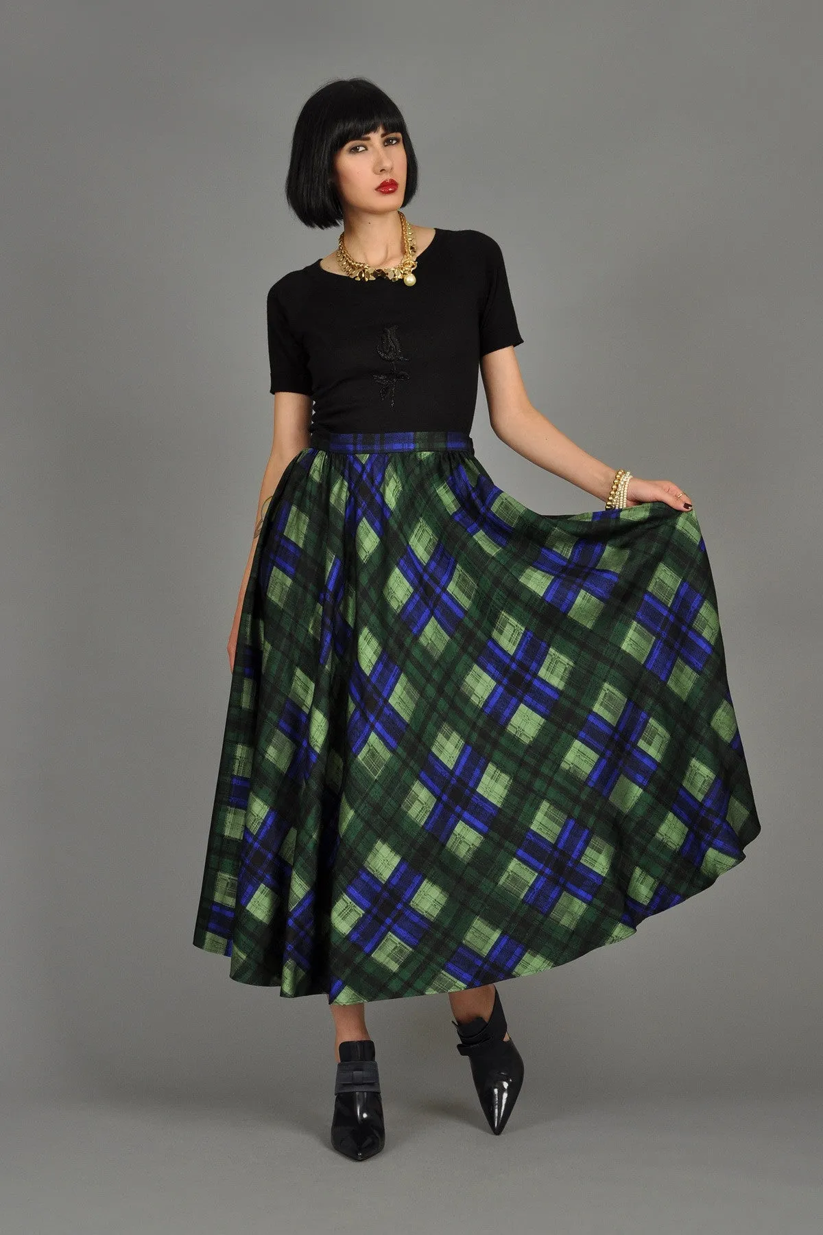 Adolfo 1970s Plaid Silk Skirt   Cape Ensemble