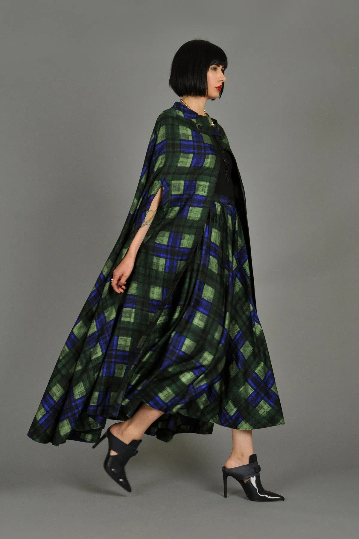 Adolfo 1970s Plaid Silk Skirt   Cape Ensemble