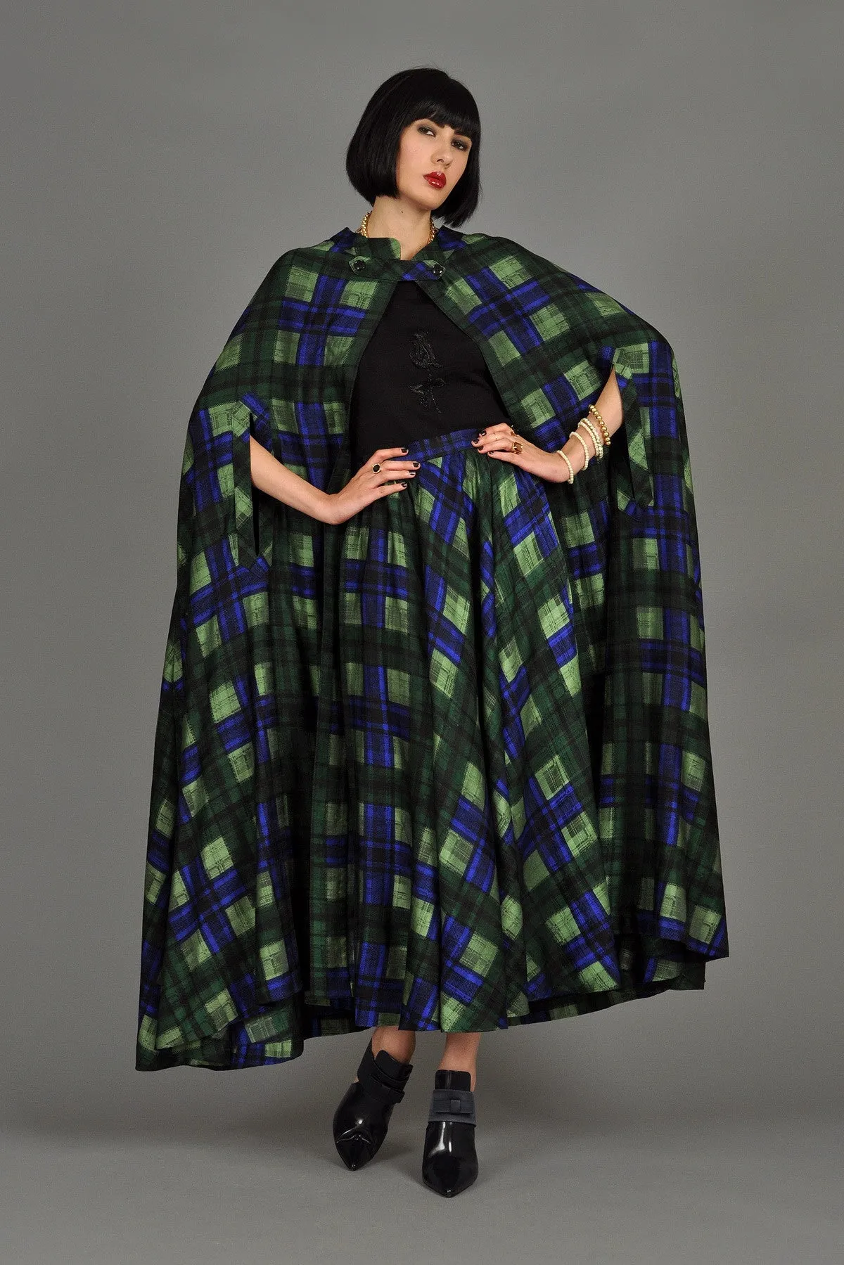 Adolfo 1970s Plaid Silk Skirt   Cape Ensemble