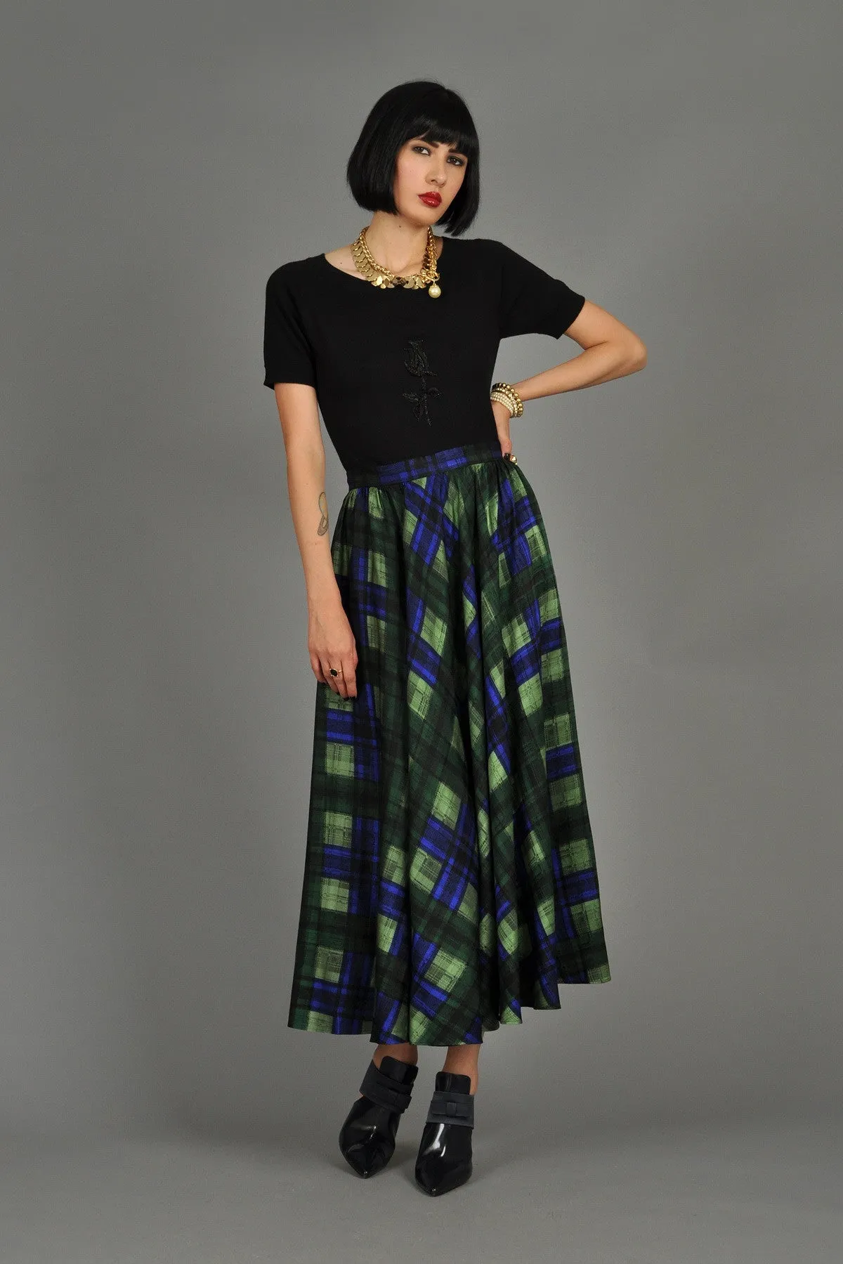 Adolfo 1970s Plaid Silk Skirt   Cape Ensemble
