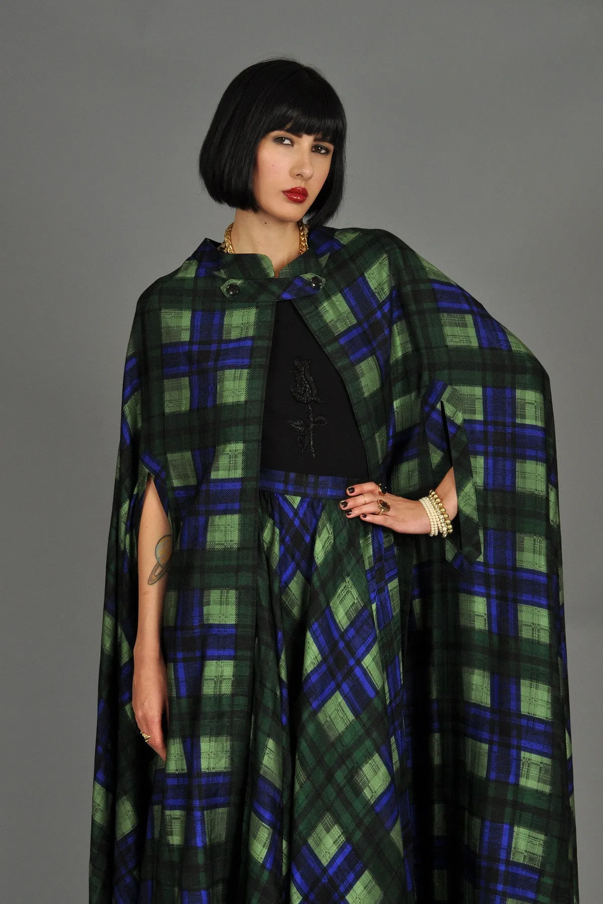 Adolfo 1970s Plaid Silk Skirt   Cape Ensemble