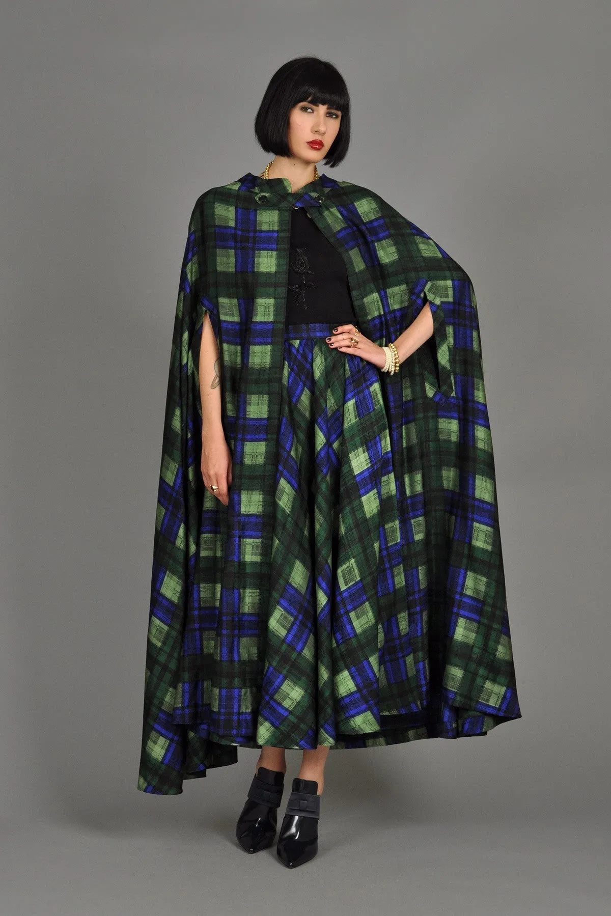 Adolfo 1970s Plaid Silk Skirt   Cape Ensemble