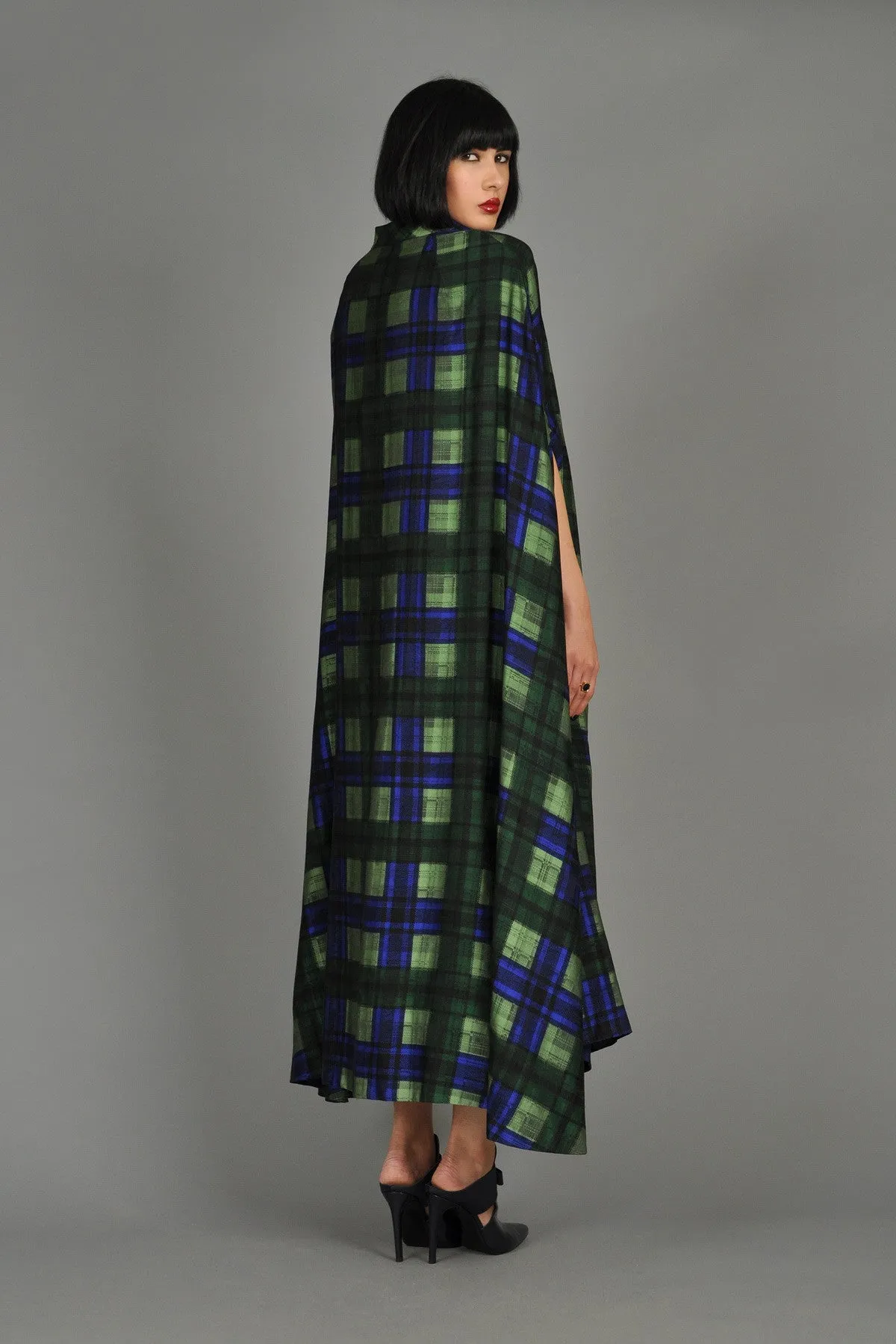 Adolfo 1970s Plaid Silk Skirt   Cape Ensemble