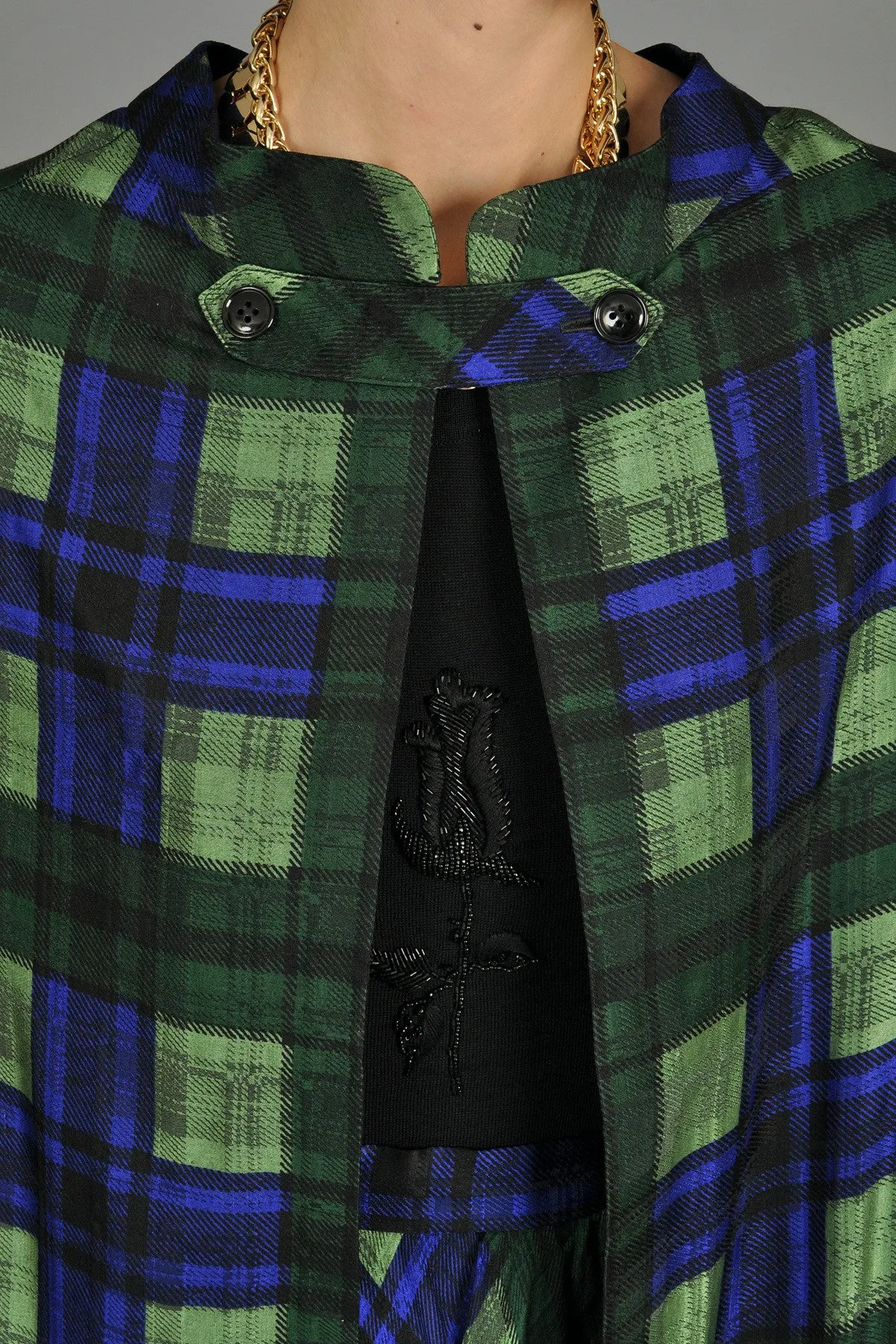 Adolfo 1970s Plaid Silk Skirt   Cape Ensemble