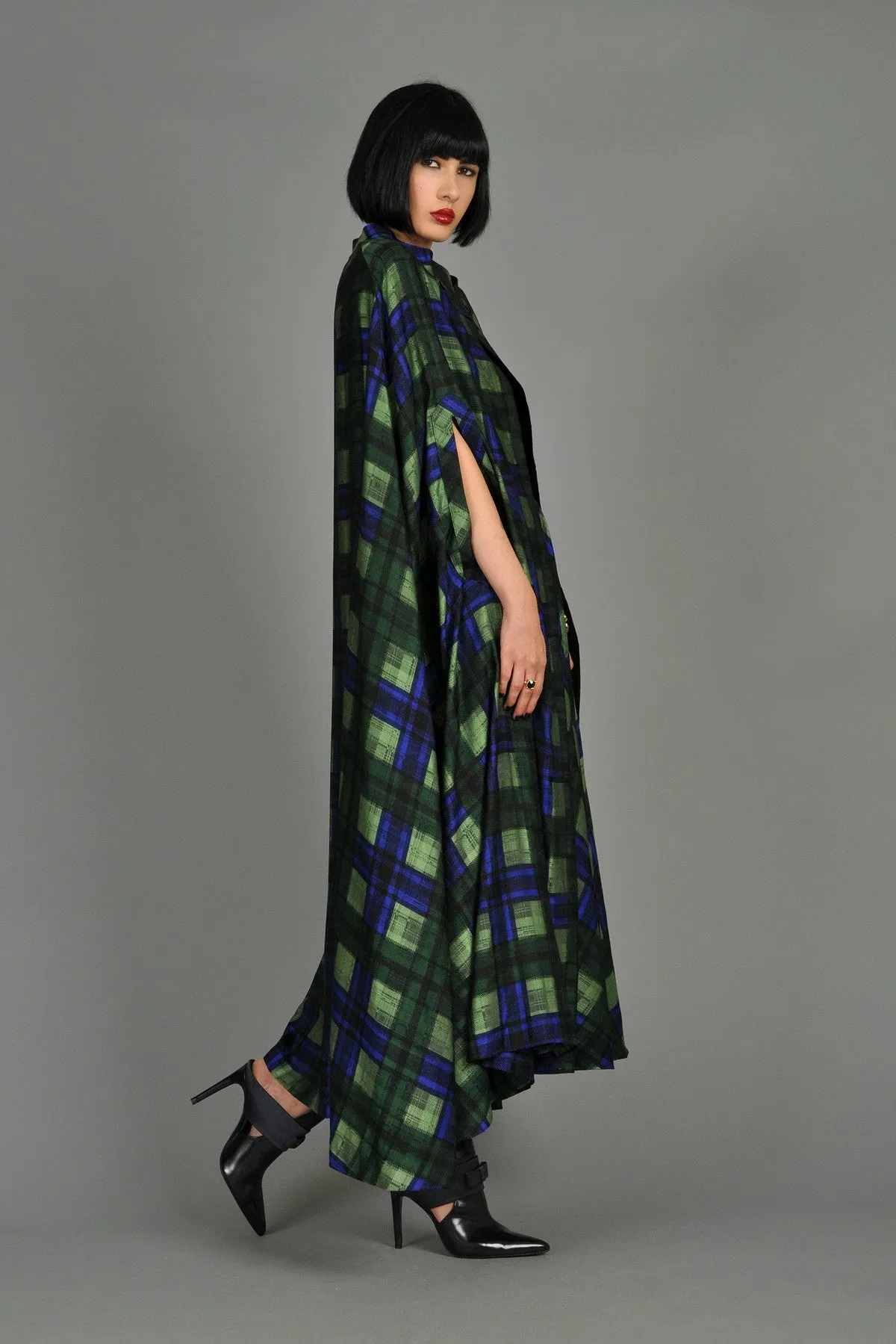 Adolfo 1970s Plaid Silk Skirt   Cape Ensemble