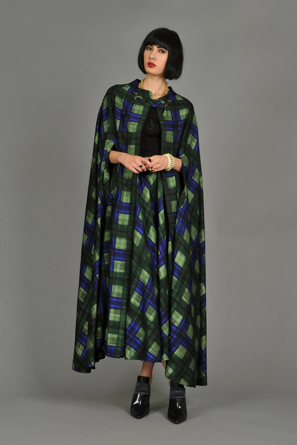 Adolfo 1970s Plaid Silk Skirt   Cape Ensemble