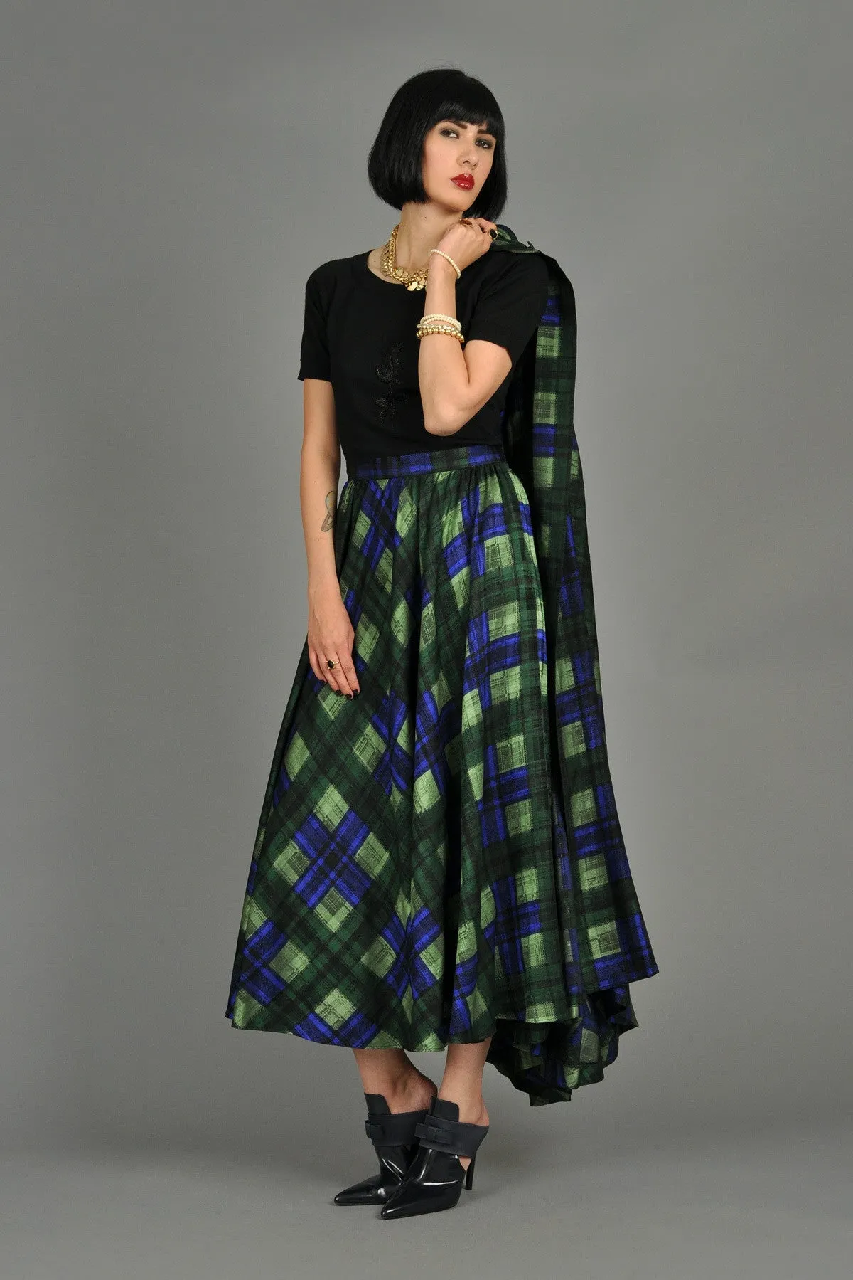 Adolfo 1970s Plaid Silk Skirt   Cape Ensemble