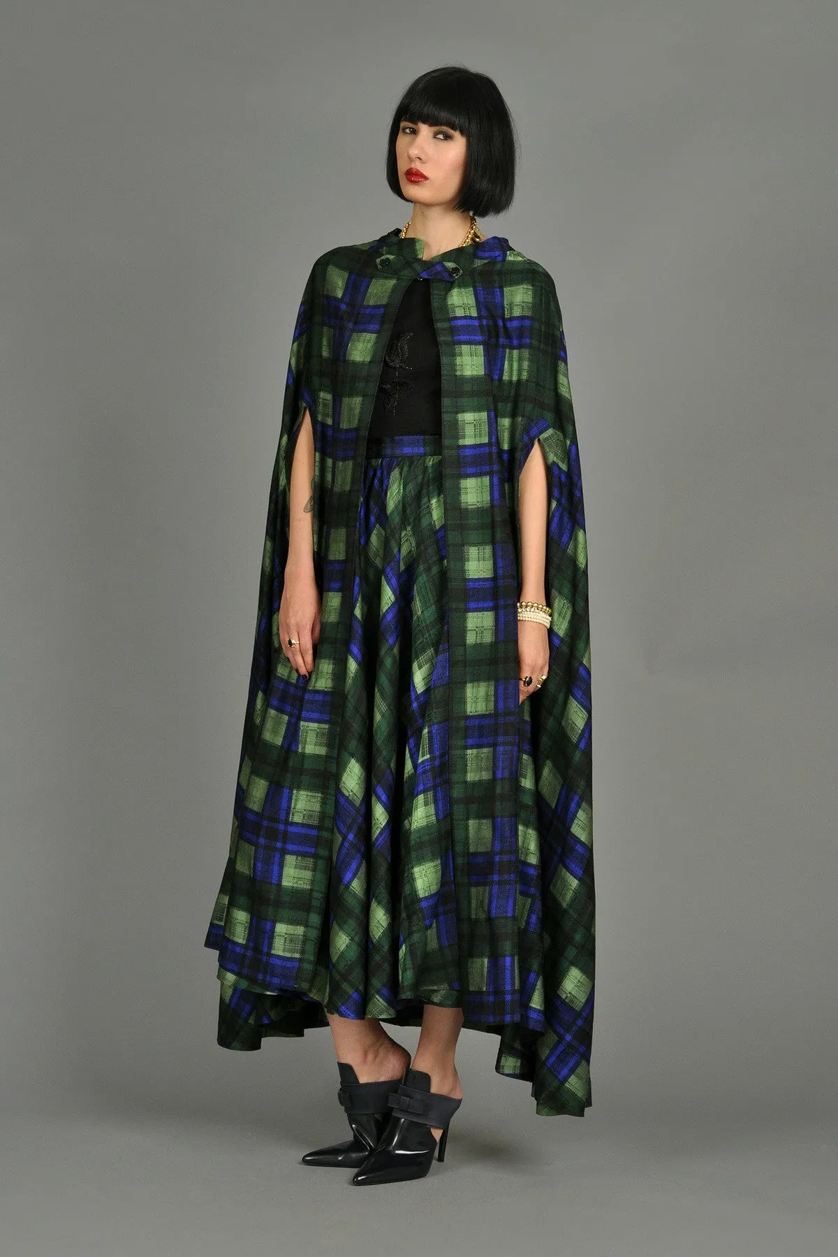 Adolfo 1970s Plaid Silk Skirt   Cape Ensemble