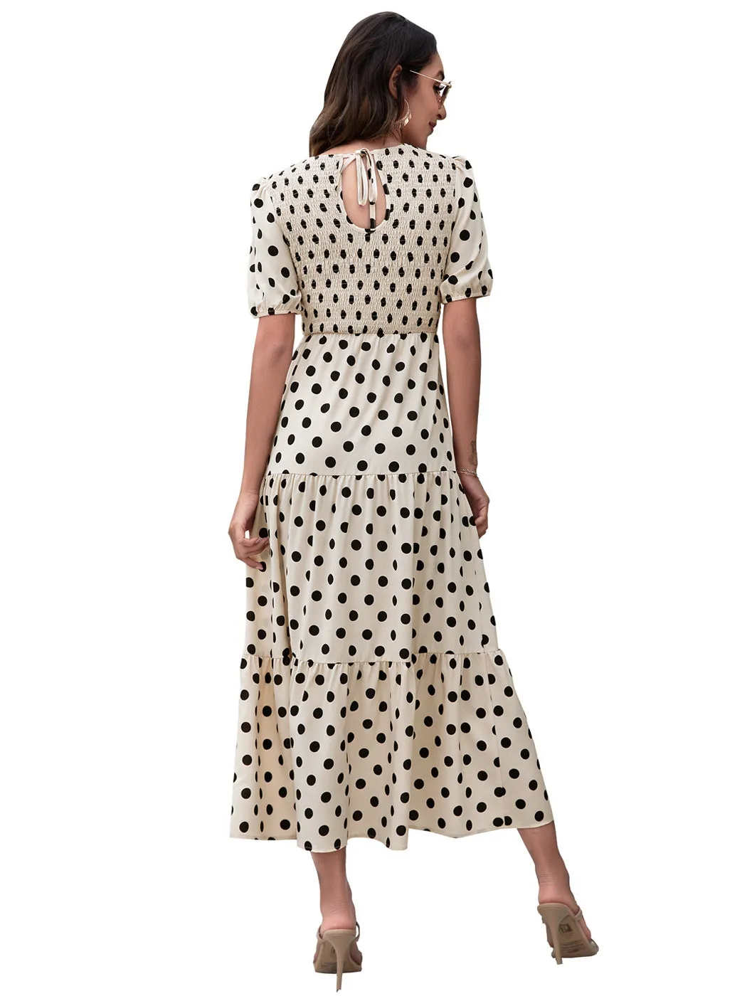 Anna-Kaci Women's Polka Dot Ruffle Maxi Dress Crew Neck Puff Sleeve Dress Casual Womens Dress High Rise Summer Dresses 2022