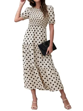 Anna-Kaci Women's Polka Dot Ruffle Maxi Dress Crew Neck Puff Sleeve Dress Casual Womens Dress High Rise Summer Dresses 2022