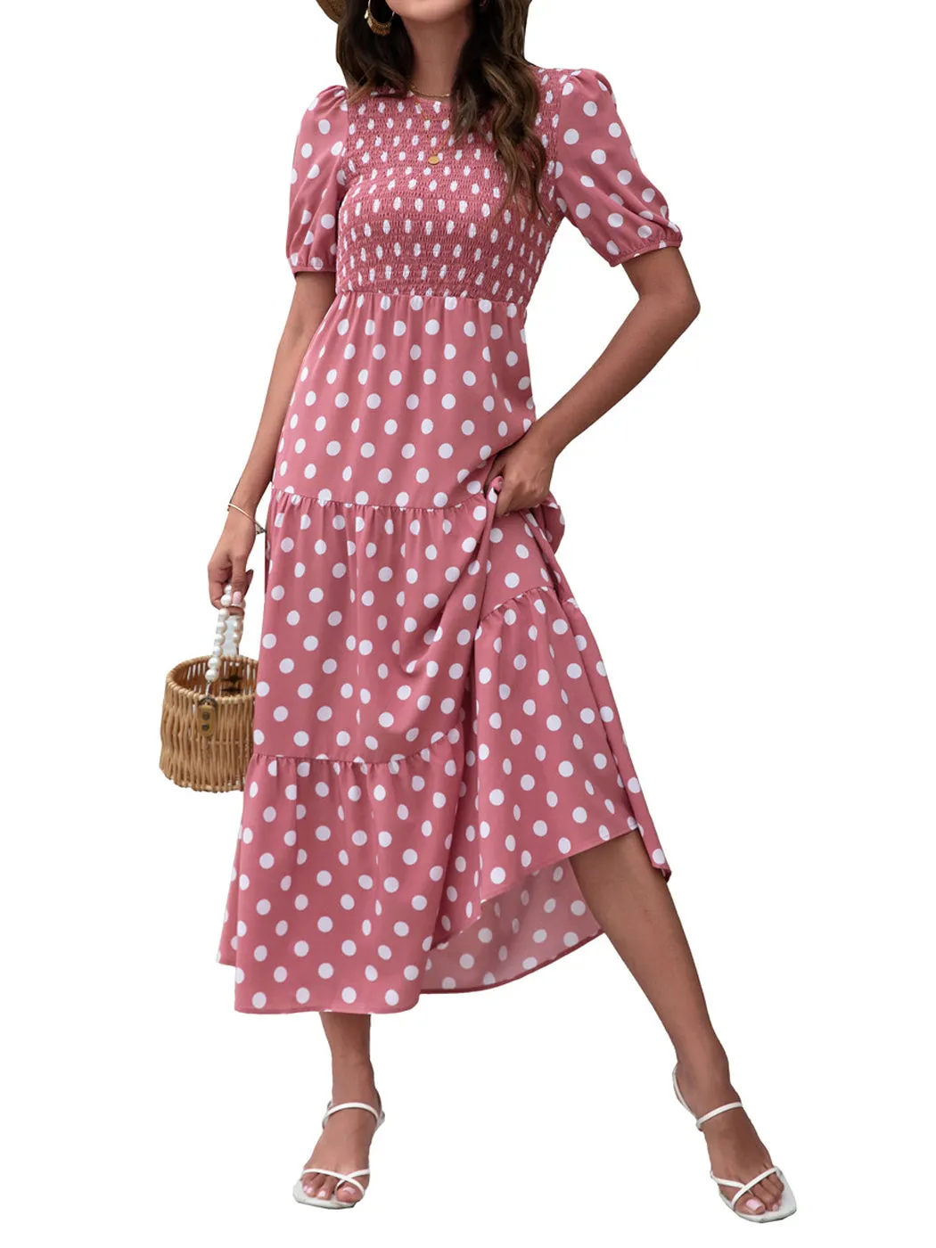Anna-Kaci Women's Polka Dot Ruffle Maxi Dress Crew Neck Puff Sleeve Dress Casual Womens Dress High Rise Summer Dresses 2022
