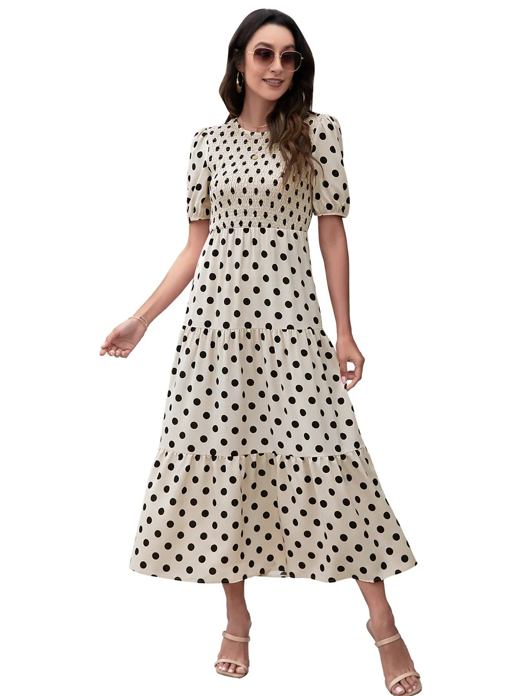 Anna-Kaci Women's Polka Dot Ruffle Maxi Dress Crew Neck Puff Sleeve Dress Casual Womens Dress High Rise Summer Dresses 2022
