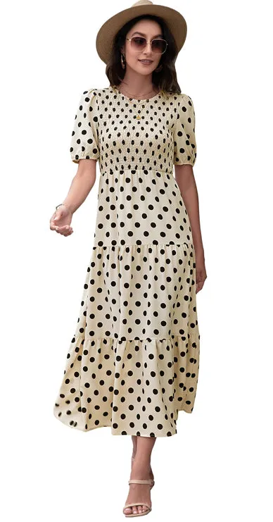 Anna-Kaci Women's Polka Dot Ruffle Maxi Dress Crew Neck Puff Sleeve Dress Casual Womens Dress High Rise Summer Dresses 2022