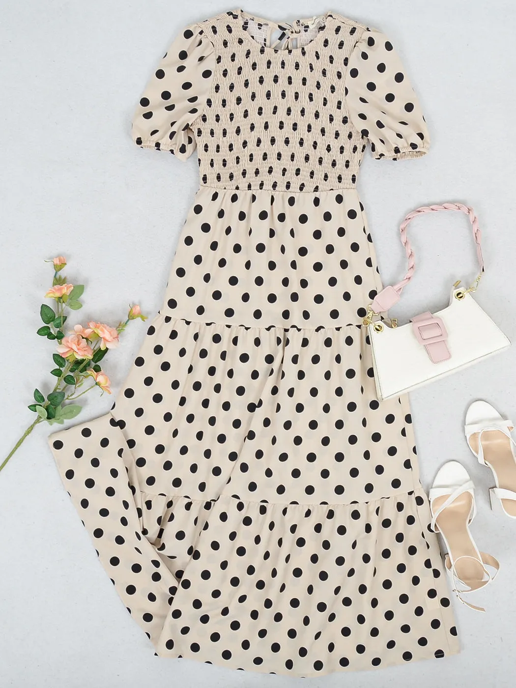 Anna-Kaci Women's Polka Dot Ruffle Maxi Dress Crew Neck Puff Sleeve Dress Casual Womens Dress High Rise Summer Dresses 2022