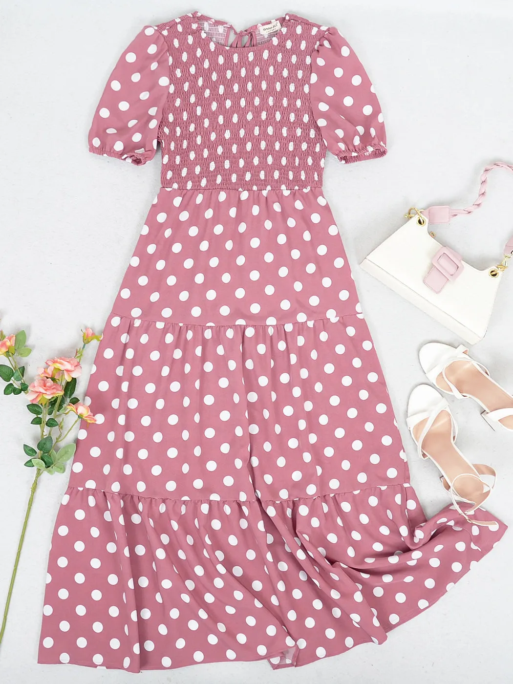 Anna-Kaci Women's Polka Dot Ruffle Maxi Dress Crew Neck Puff Sleeve Dress Casual Womens Dress High Rise Summer Dresses 2022