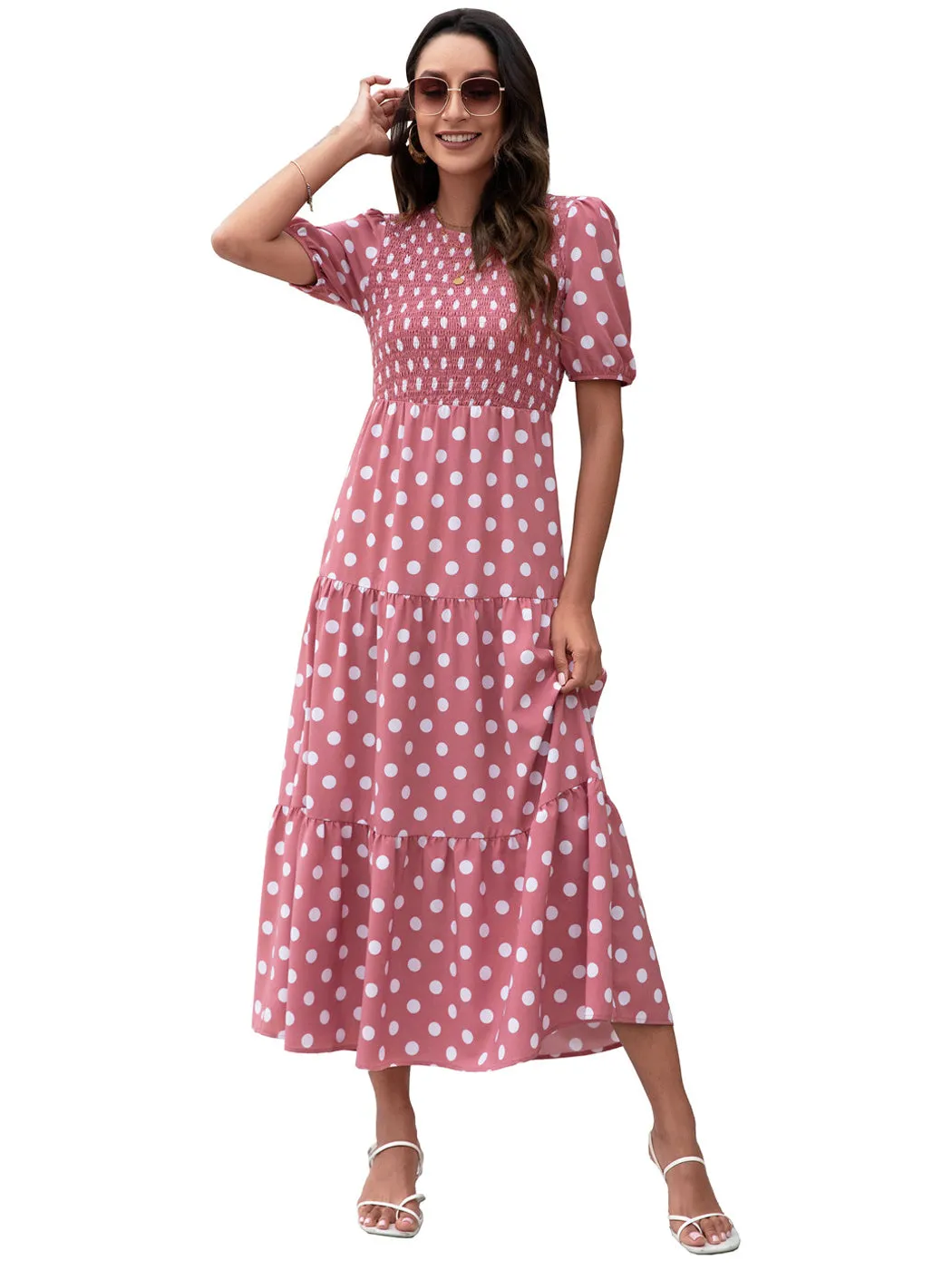 Anna-Kaci Women's Polka Dot Ruffle Maxi Dress Crew Neck Puff Sleeve Dress Casual Womens Dress High Rise Summer Dresses 2022