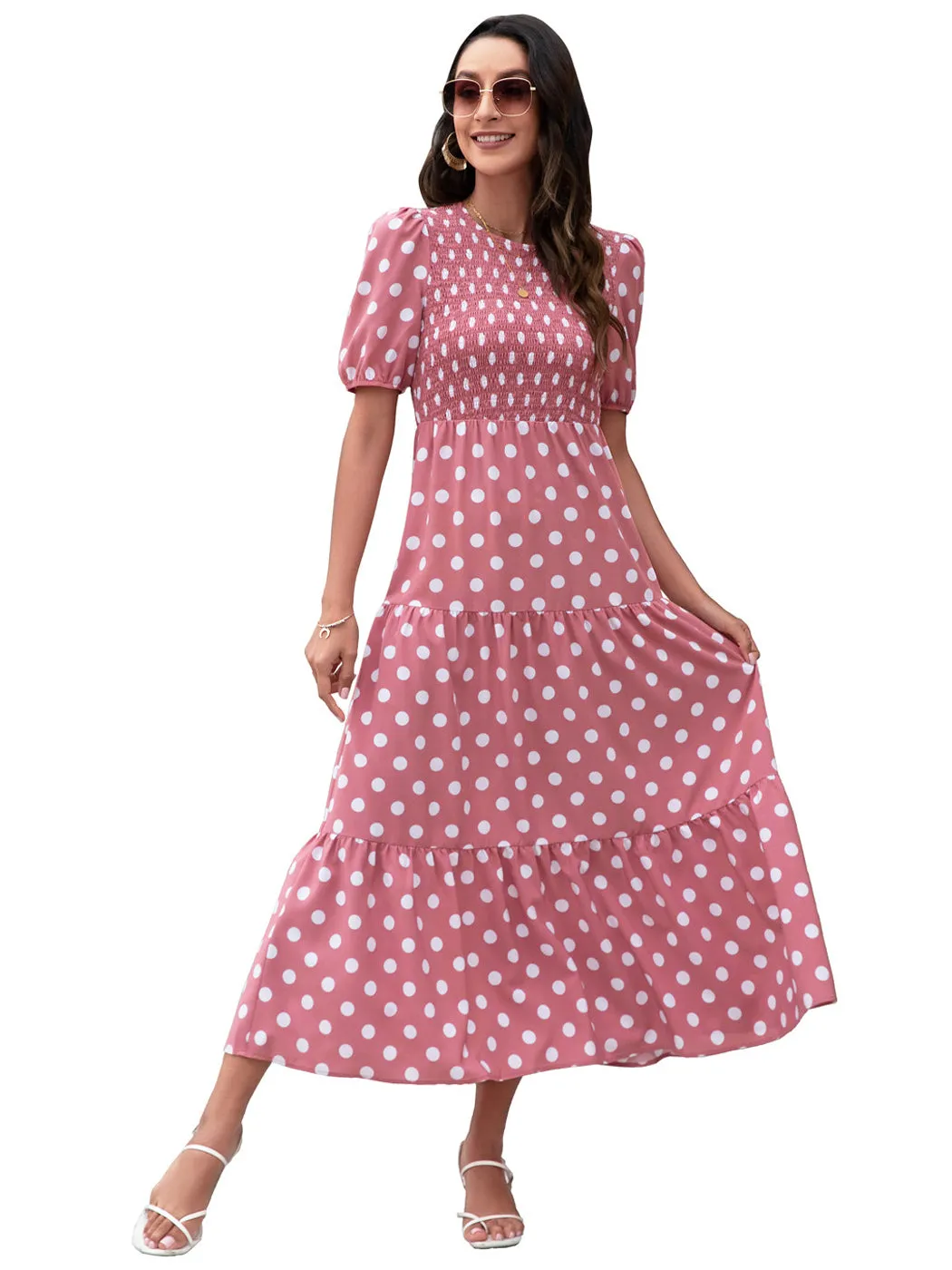 Anna-Kaci Women's Polka Dot Ruffle Maxi Dress Crew Neck Puff Sleeve Dress Casual Womens Dress High Rise Summer Dresses 2022