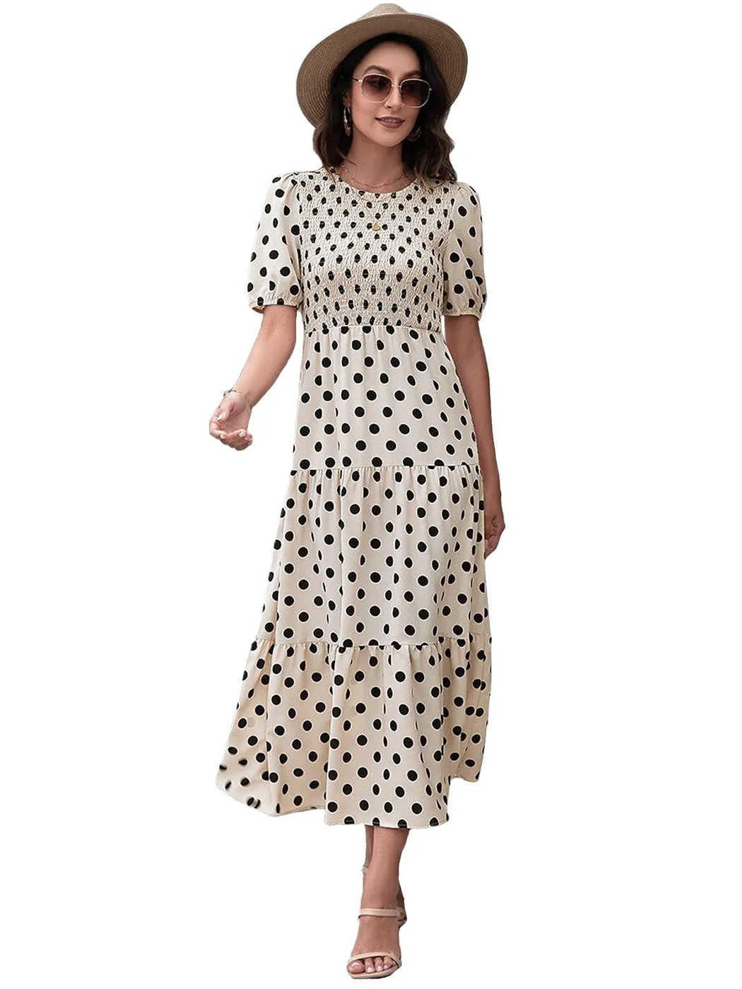 Anna-Kaci Women's Polka Dot Ruffle Maxi Dress Crew Neck Puff Sleeve Dress Casual Womens Dress High Rise Summer Dresses 2022