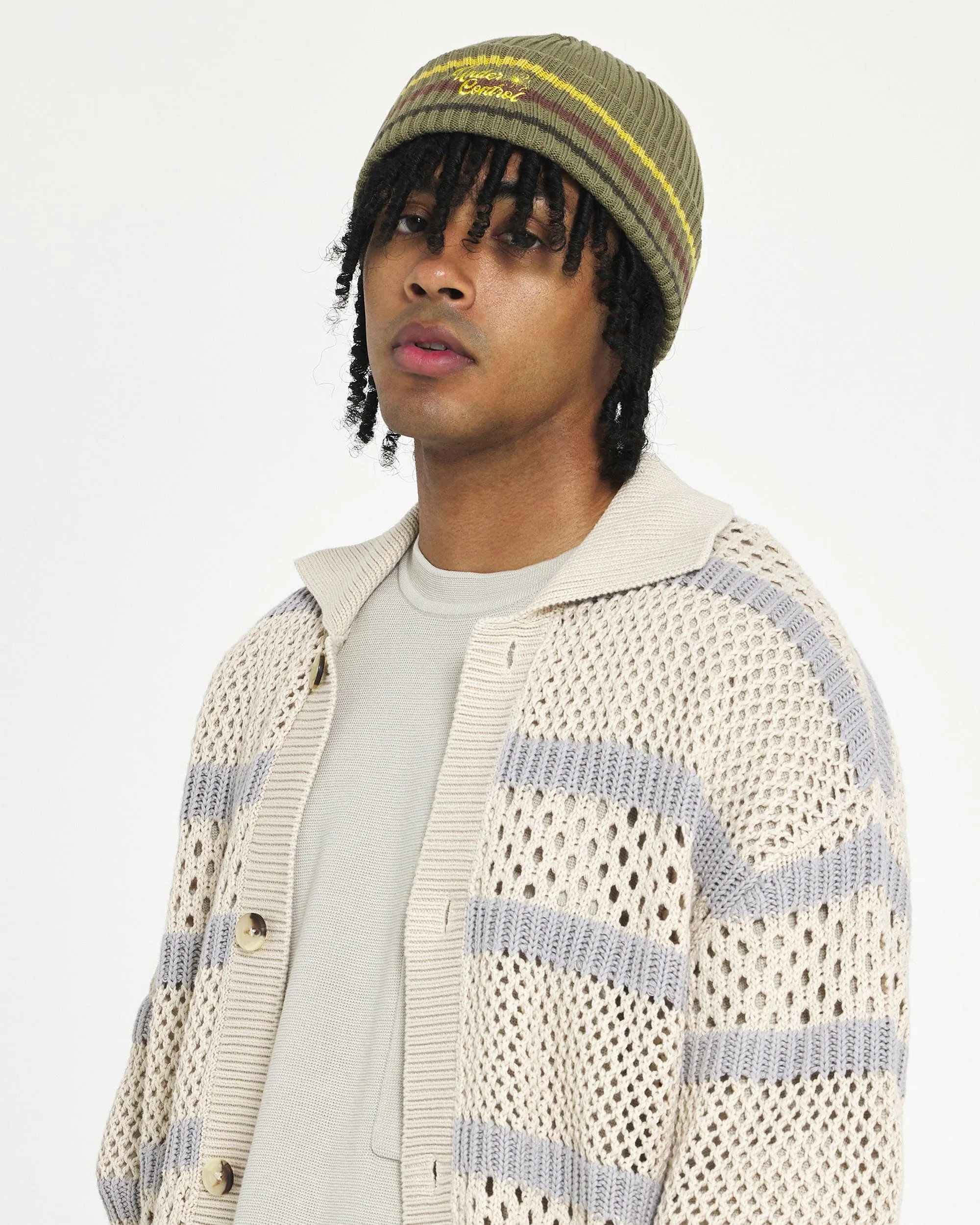 BEANIE / FLORAL SCRIPT / M STRIPE / L OLIVE