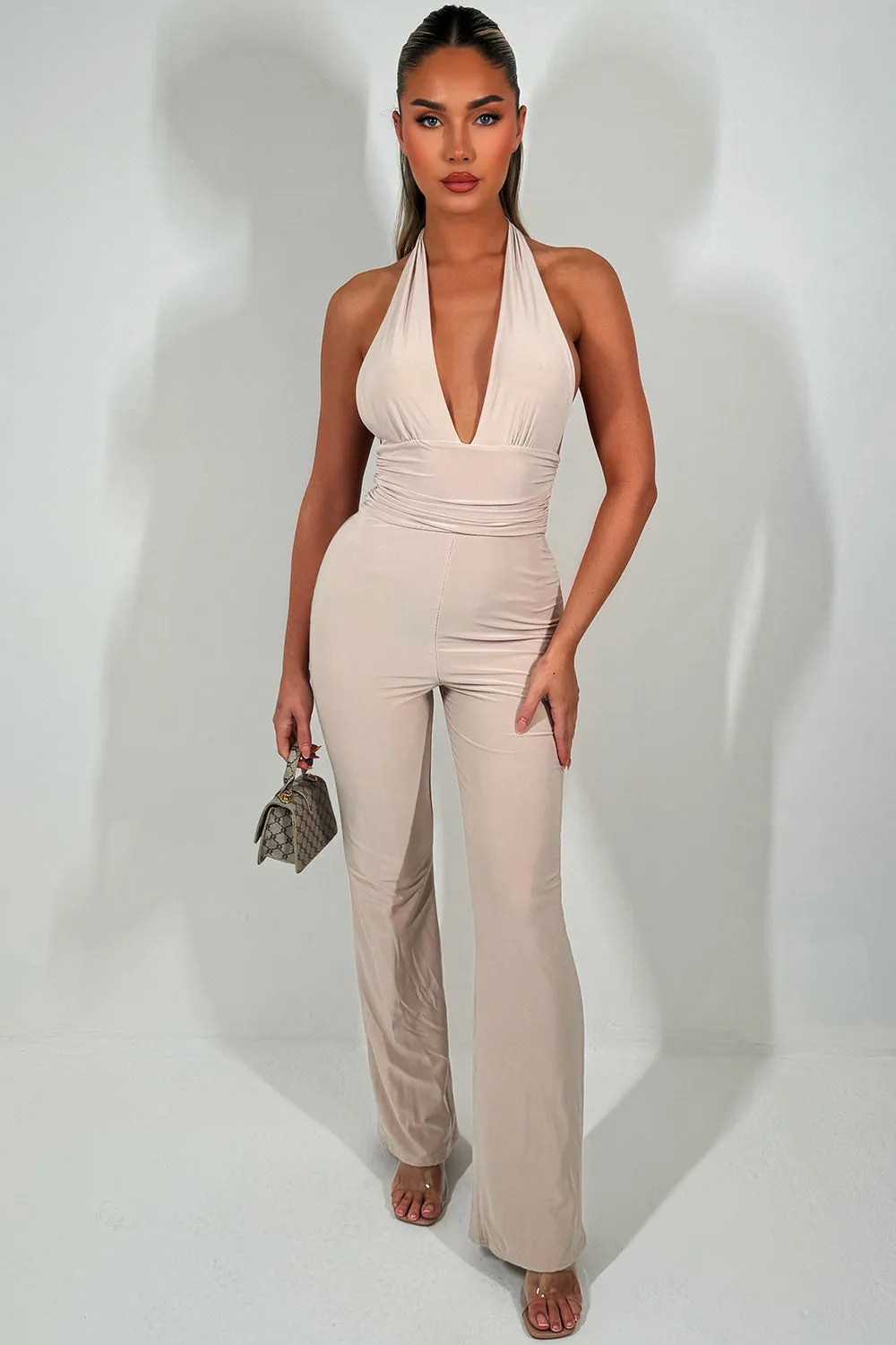 Beige Halterneck Backless Jumpsuit