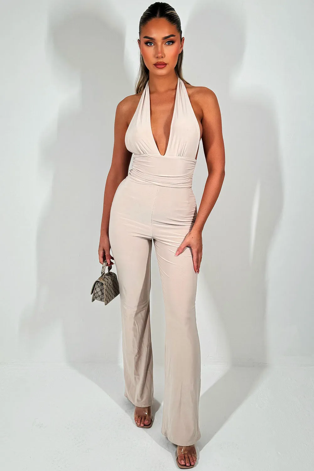 Beige Halterneck Backless Jumpsuit