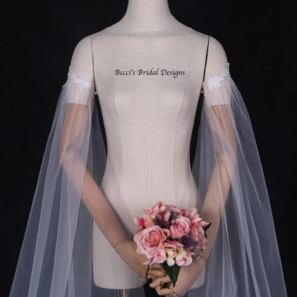 Bicep Wedding Cape with Lace, Detachable Dress Sleeves, Bridal Wings, Veil, Bride Cape
