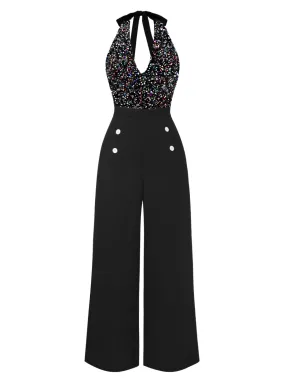 Black 1930s Cowl Neck Sequined Jumpsuit