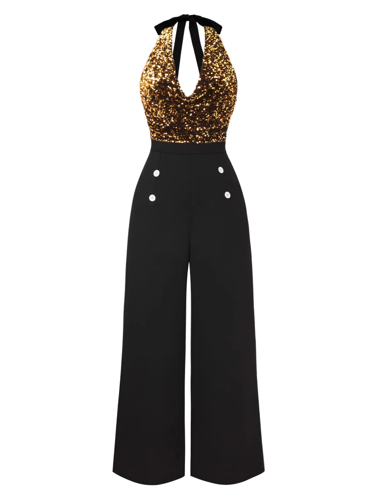 Black 1930s Cowl Neck Sequined Jumpsuit