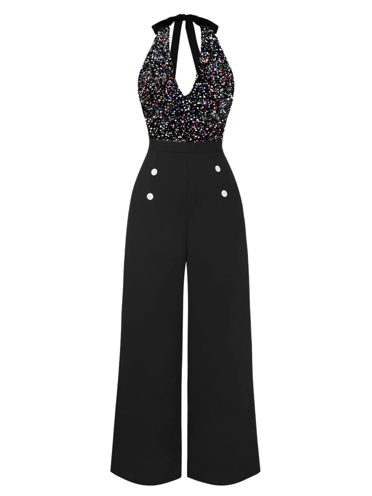 Black 1930s Cowl Neck Sequined Jumpsuit