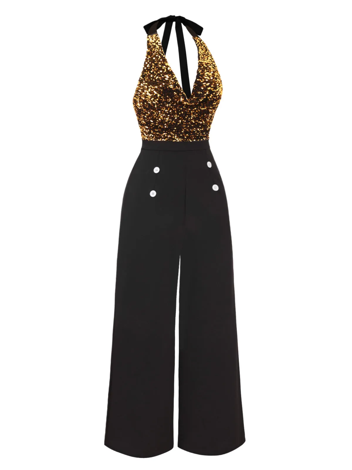 Black 1930s Cowl Neck Sequined Jumpsuit