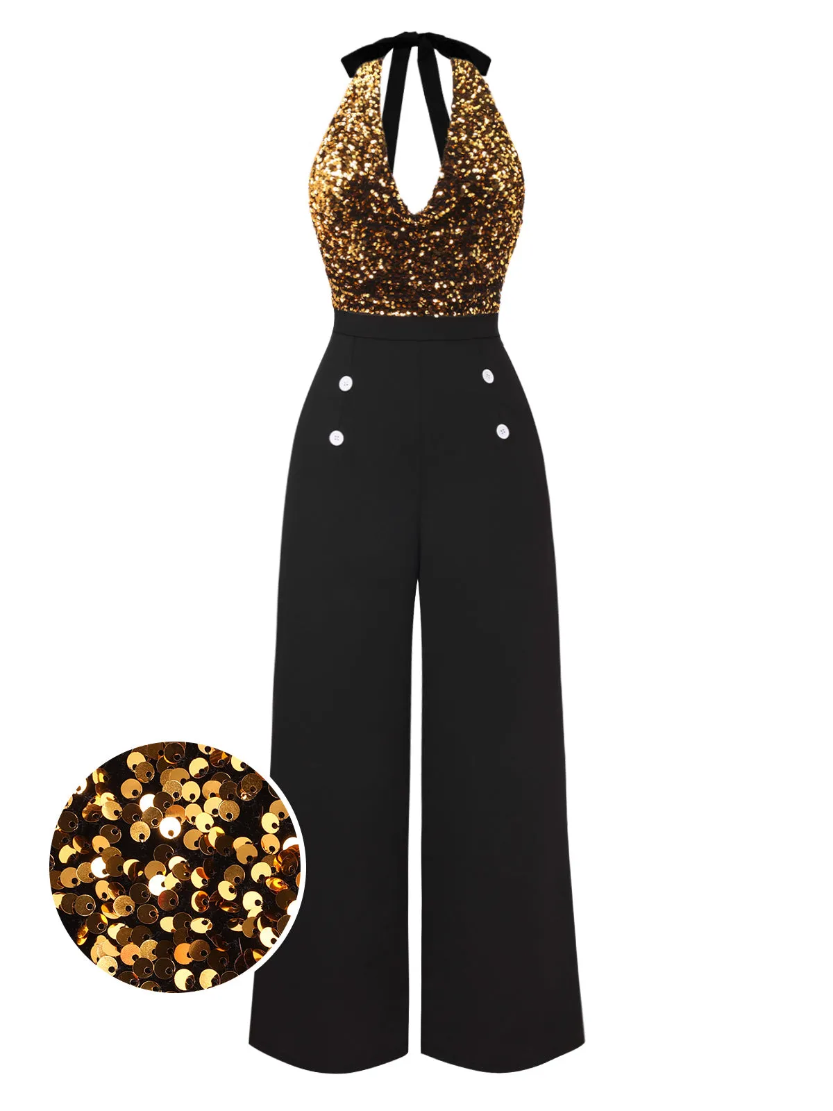 Black 1930s Cowl Neck Sequined Jumpsuit