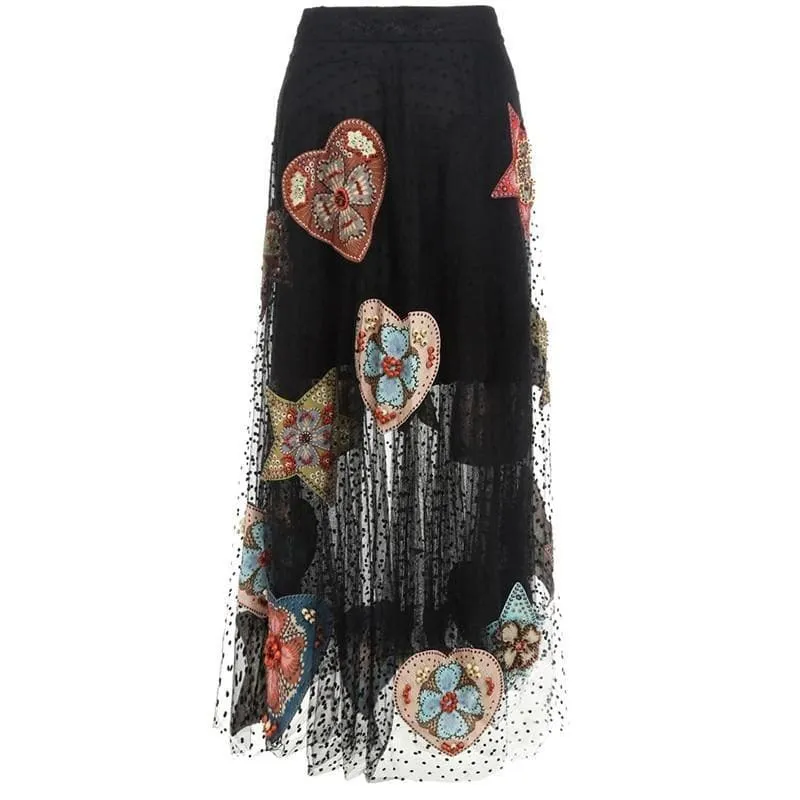 Black Beaded Tulle Maxi Skirt