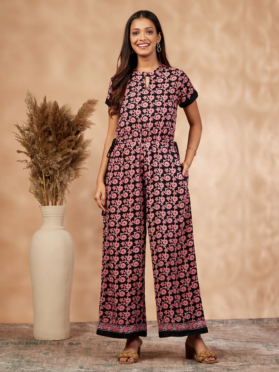 Black Floral Print  Flared Jumpsuit