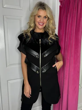 Black Gilet with Faux Leather Accents & Gold Charm Detail