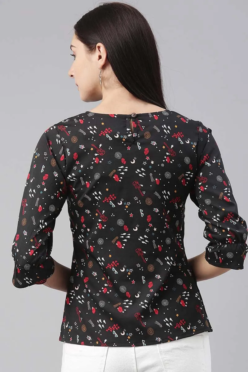 Black Poly Crepe Conversational Printed Regular Top