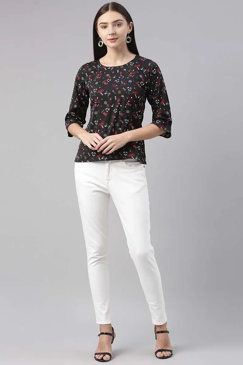 Black Poly Crepe Conversational Printed Regular Top