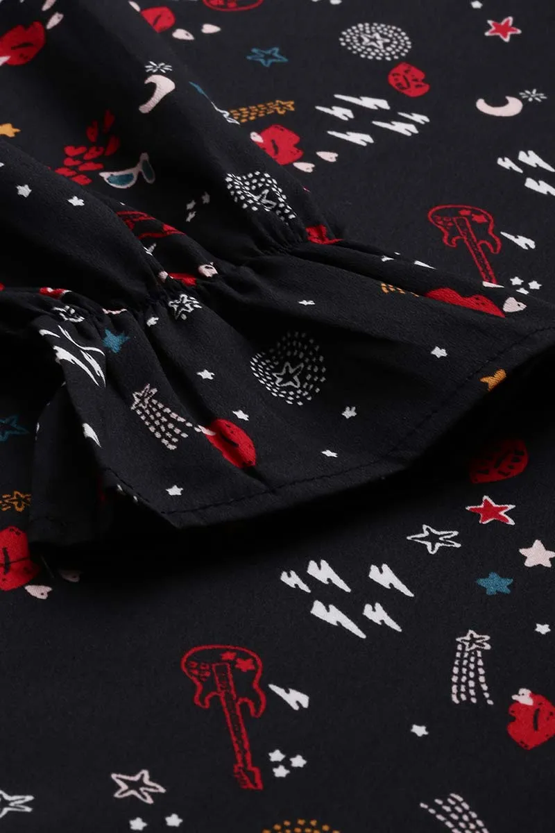Black Poly Crepe Conversational Printed Regular Top