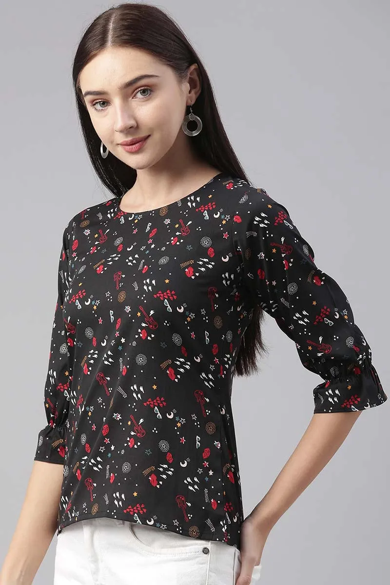 Black Poly Crepe Conversational Printed Regular Top
