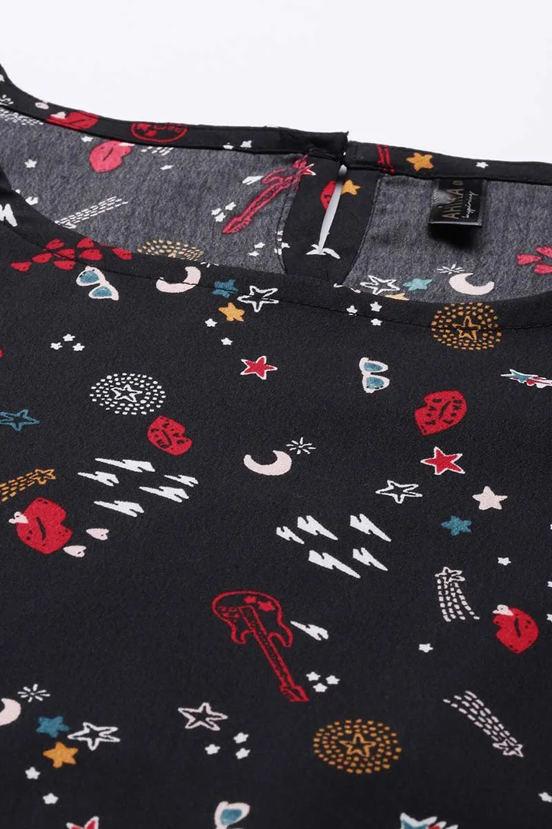 Black Poly Crepe Conversational Printed Regular Top