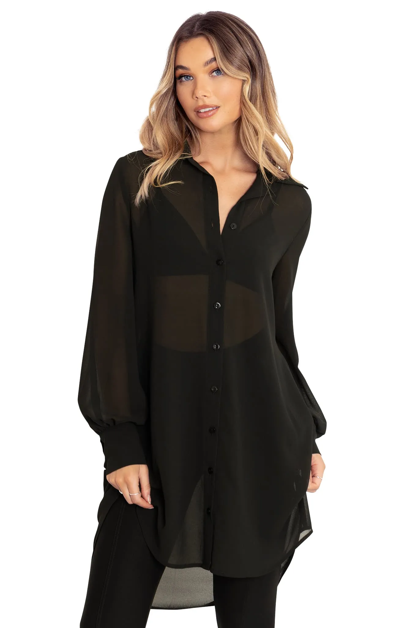 Black Sheer Long Sleeve Oversized Shirt Dress
