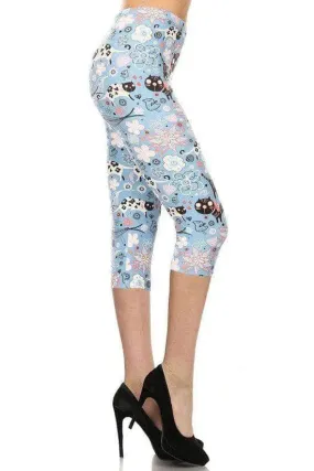 Blue Zone Planet |  Cats And Flowers Printed, High Waisted Capri Leggings