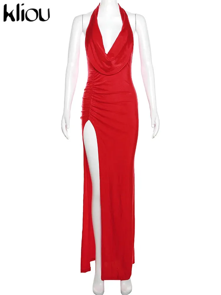 Celebrity Draped Neck Evening Maxi Dress