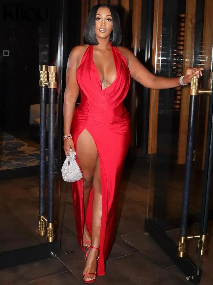 Celebrity Draped Neck Evening Maxi Dress