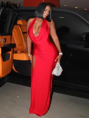 Celebrity Draped Neck Evening Maxi Dress