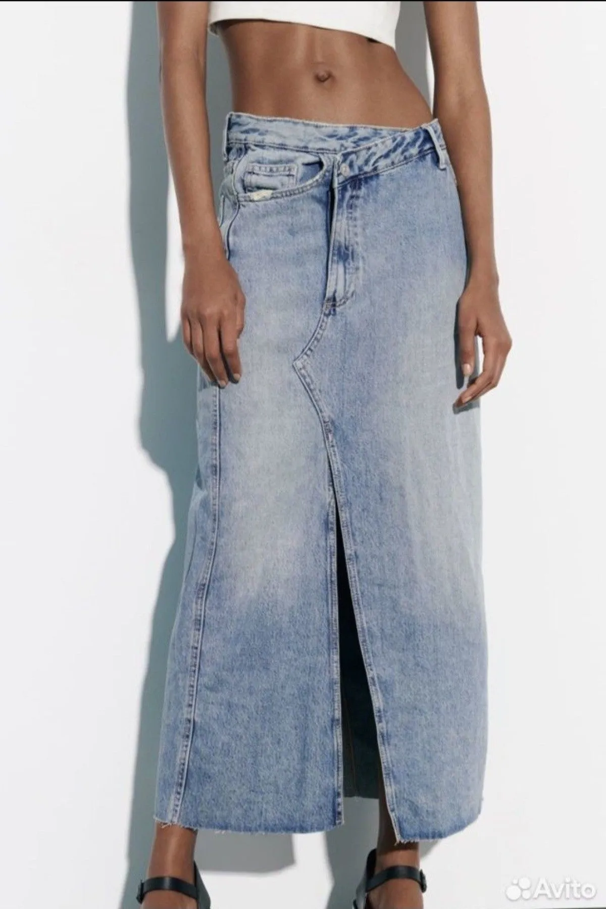 CORA Asymmetrical High Waisted Front Slit Denim Midi Skirt